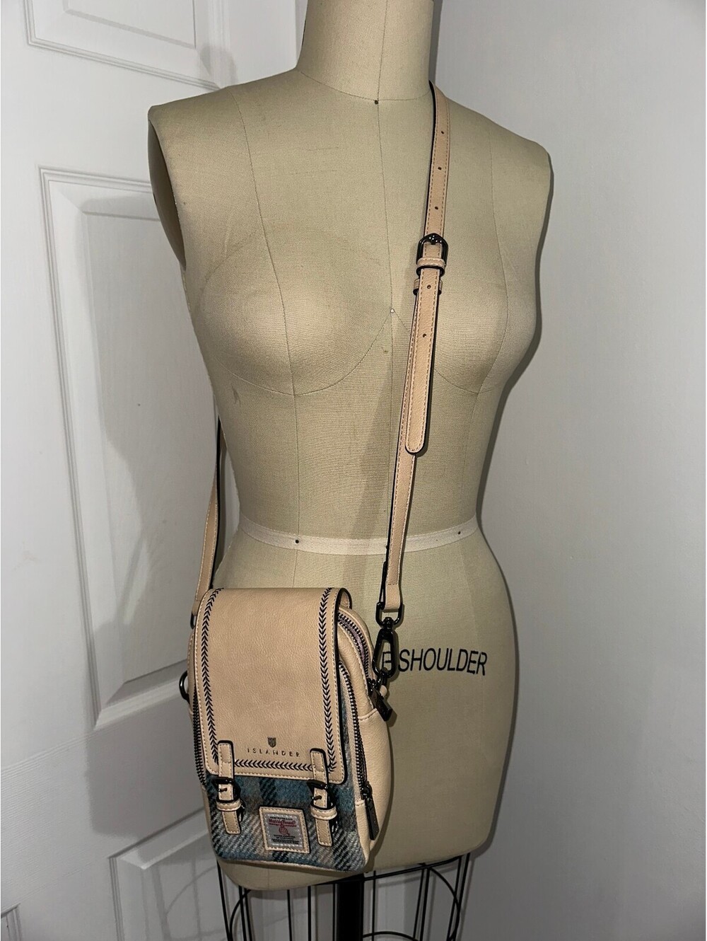 Islander Baby Jura Crossbody Beige Leather Harris Tweed